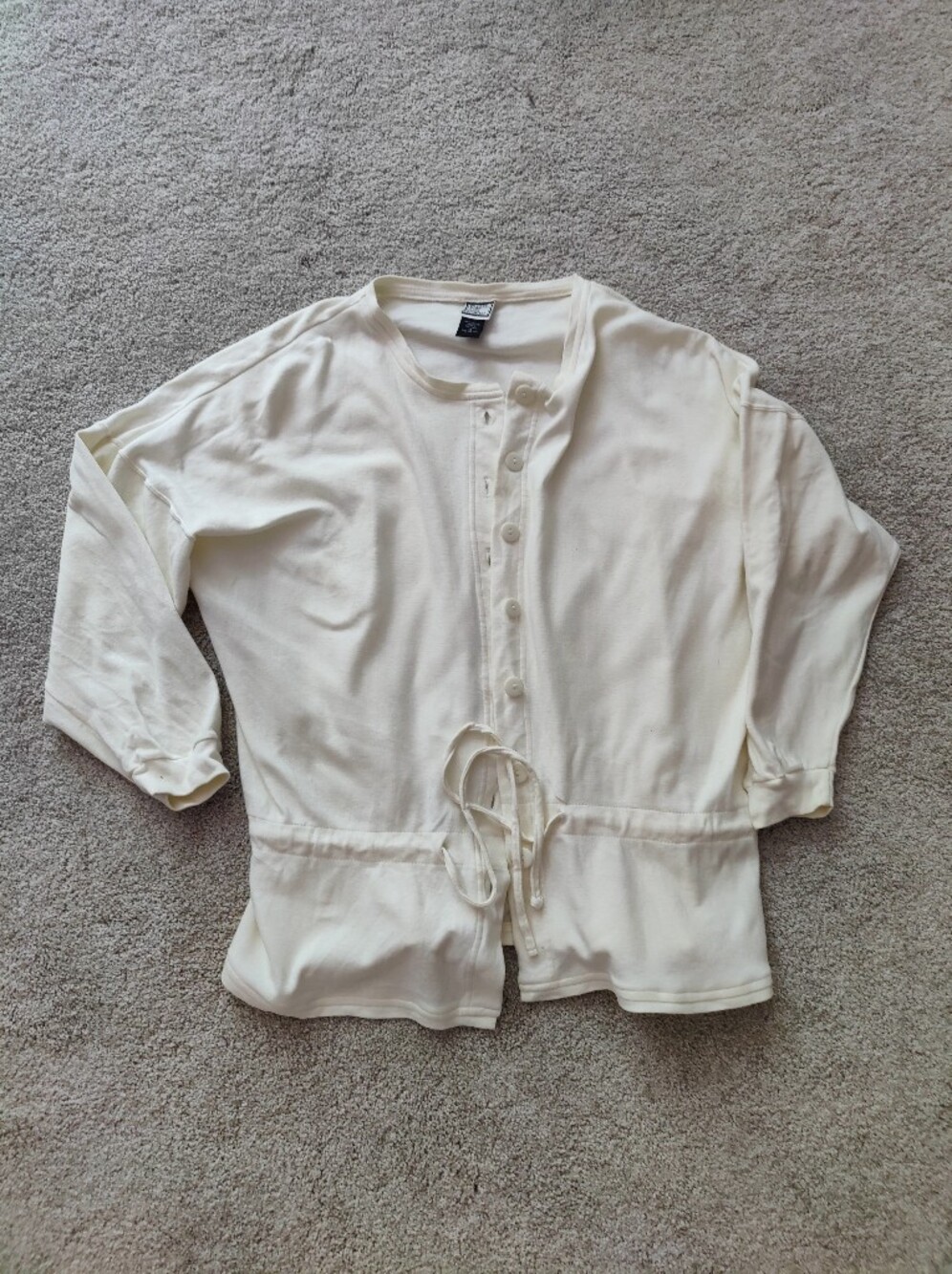 Cream Button-Front Knit Top with Waist Tie. Soft and Comfy. XS 100% Cotton.